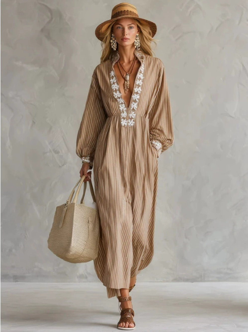 H&M Womens Retro Boho Khaki Striped Long Sleeve Dress